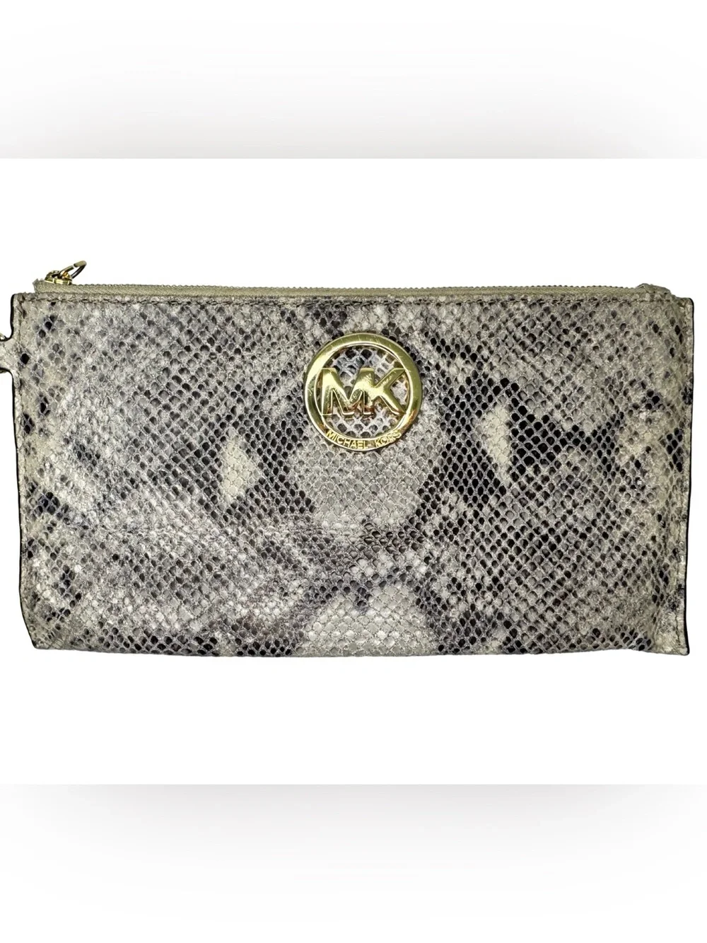 Michael Kors Snakeskin Python Embossed Leather Wristlet Clutch Gold Logo